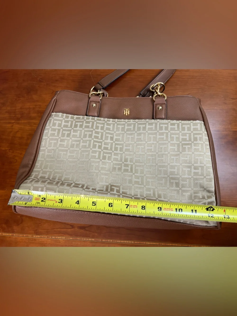 Tommy Hilfiger monogram chain strap tote bag in tan and beige